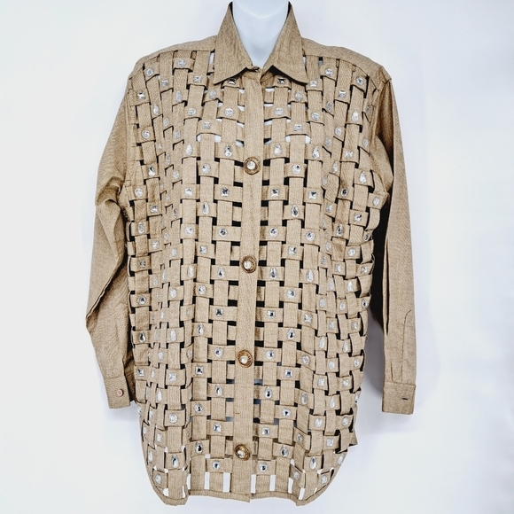 Yak Magik 100% Cotton Open‎ Basket Weave Rhinestone Embellished Top Size Large - Picture 1 of 8